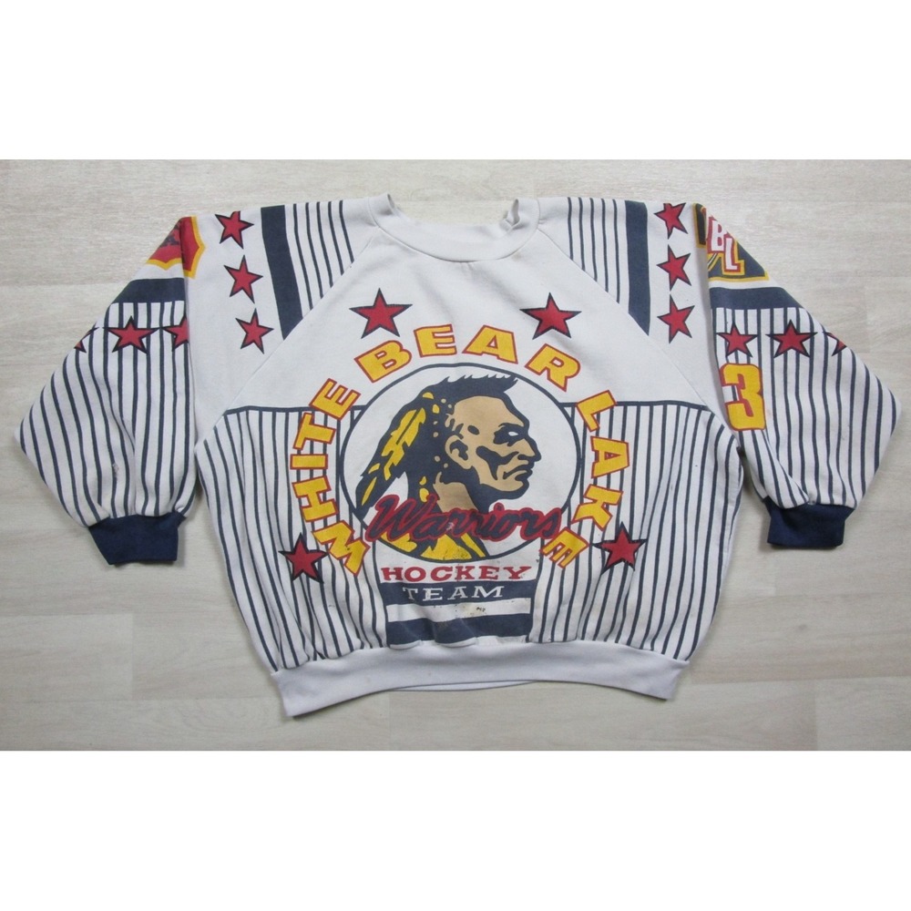 Vintage 90s All Over Print Hockey Sweatshirt (XL) Indian Head Bear Lake Warriors